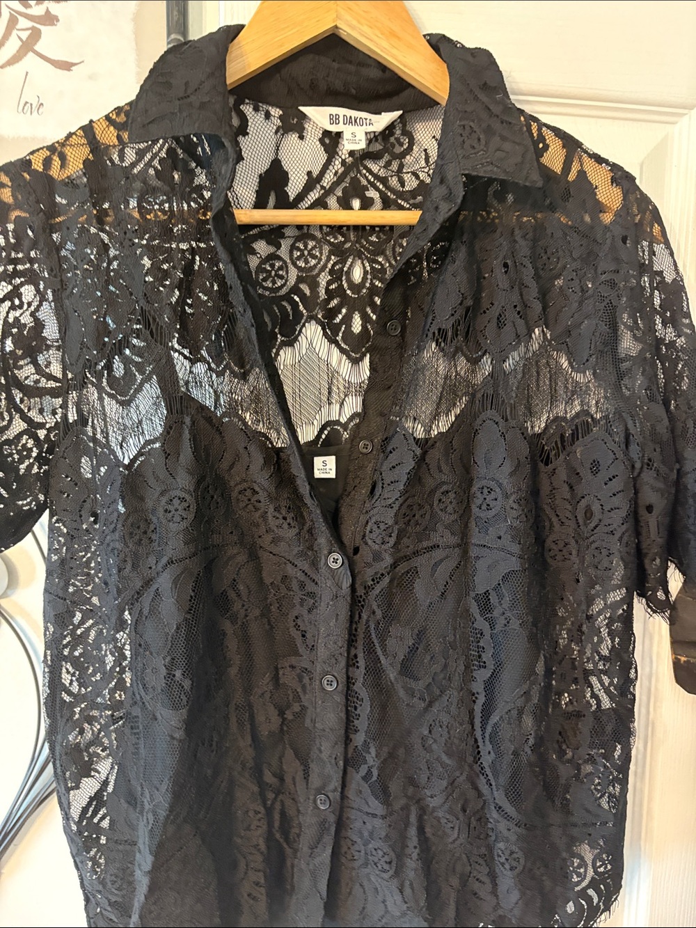 BB Dakota Black Sheer Lace Button-Down Blouse